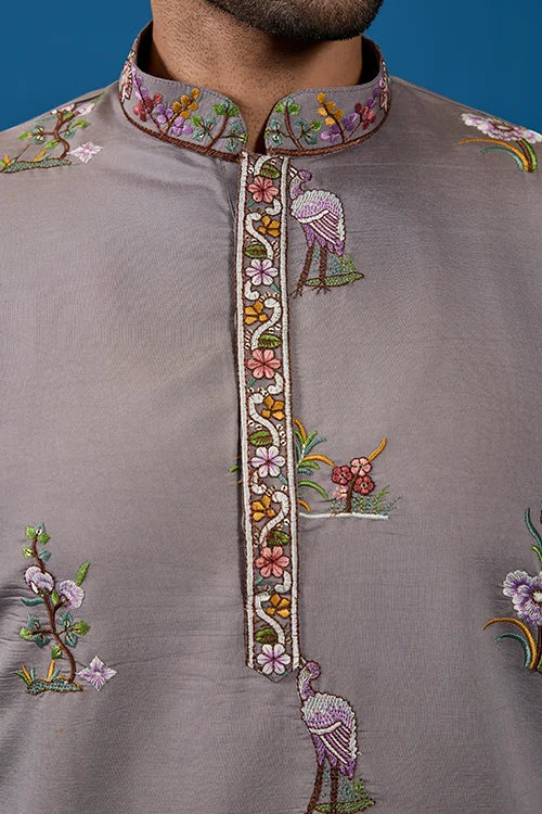 Grey Embroidered Men's Kurta