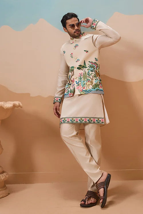Beige Embroidered Koti Kurta