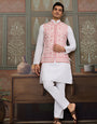 Wedding Pink Koti with White Kurta Pajama Set