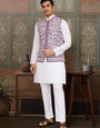Classic White Mens Kurta Pajama with Stylish Purple Koti