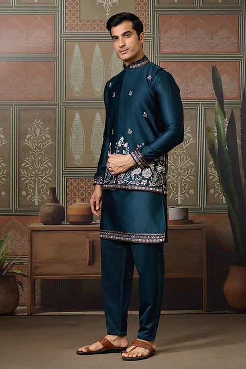 Teal Kurta Pajama with Koti