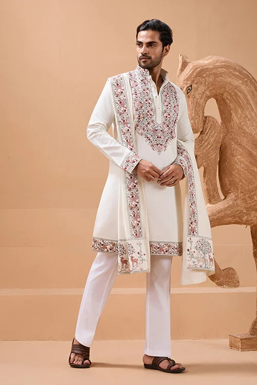 White Kurta Dupatta Set for Mens