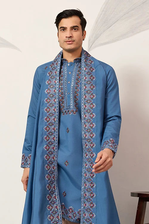 Wedding Royal Look Blue Kurta with Dupatta for Mens Wear