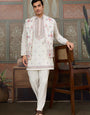 Ethnic White Embroidered Koti Kurta Set for Men