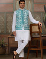 Traditional White Kurta with Teal Green Koti for Men