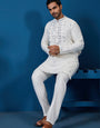 White Real Mirror Work Kurta Pant Set for Mens Wear