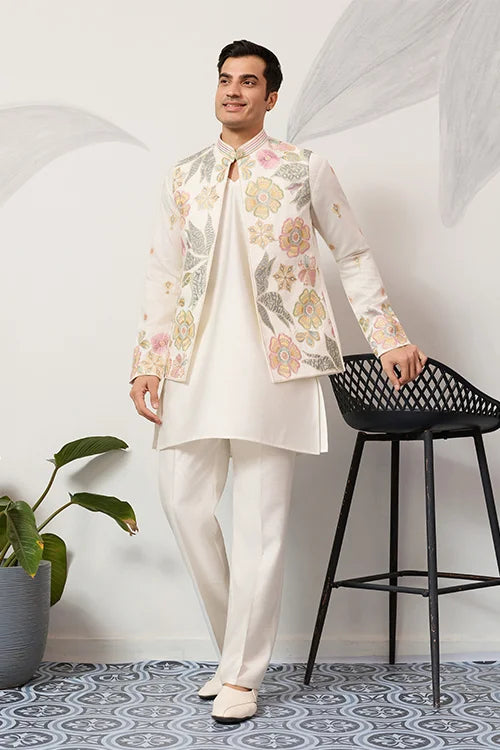 White Koti Kurta Set Men