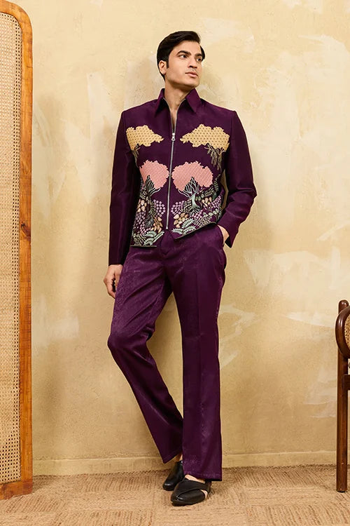 Wine embroidered mens velvet suit