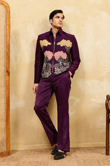 Wine embroidered mens velvet suit
