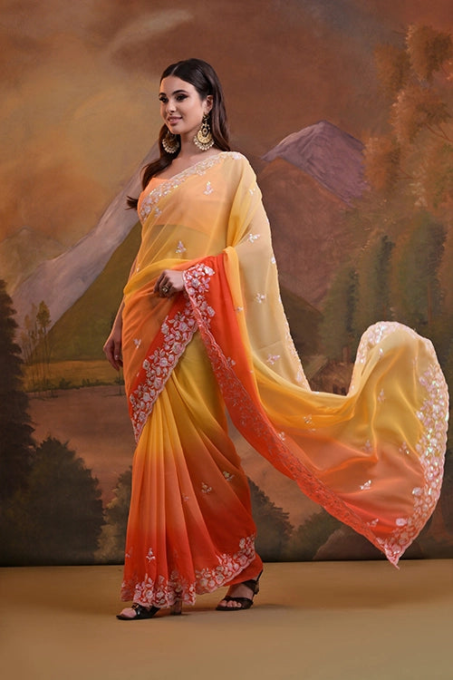 Party saree yellow embroidery
