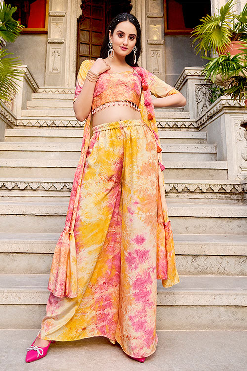Yellow Silk Print Work Three Piece Co-Ord Set - Main Image