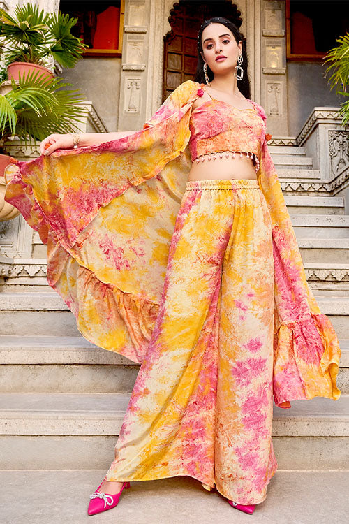 Yellow Silk Print Work Three Piece Co-Ord Set