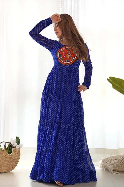 Royal Blue Georgette Laheriya Print Anarkali Gown Front View