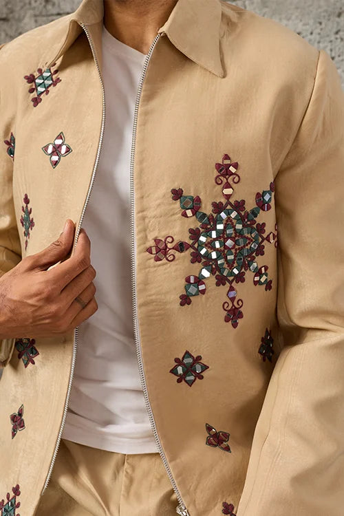 Detailed Mirror Embroidery on Premium Designer Beige Men's Bomber Jacket