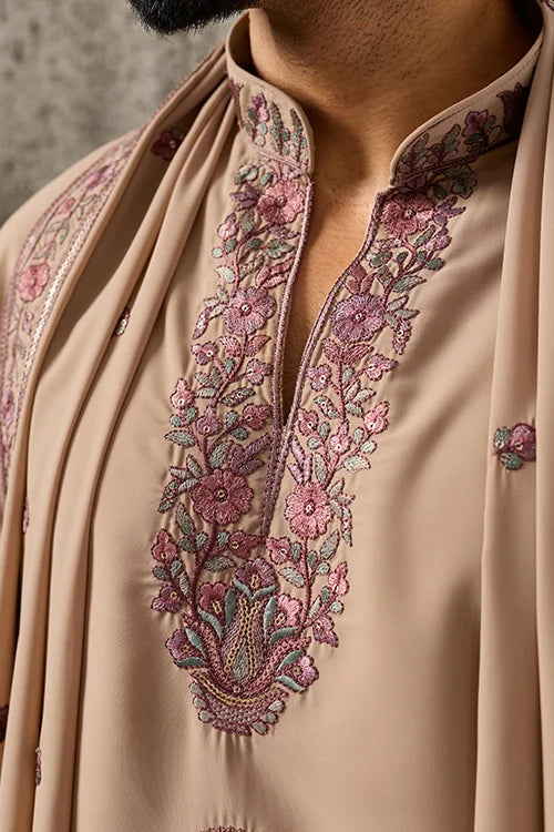 Close-Up of Embroidery on Elegant Beige Japanese Fabric Kurta Dupatta Set