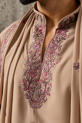 Close-Up of Embroidery on Elegant Beige Japanese Fabric Kurta Dupatta Set