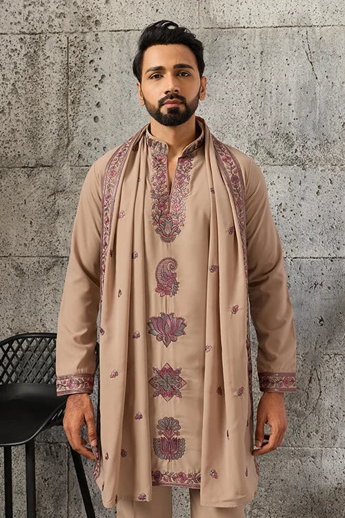 Front View of Elegant Beige Japanese Fabric Embroidered Kurta Dupatta Set for Men
