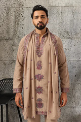 Front View of Elegant Beige Japanese Fabric Embroidered Kurta Dupatta Set for Men