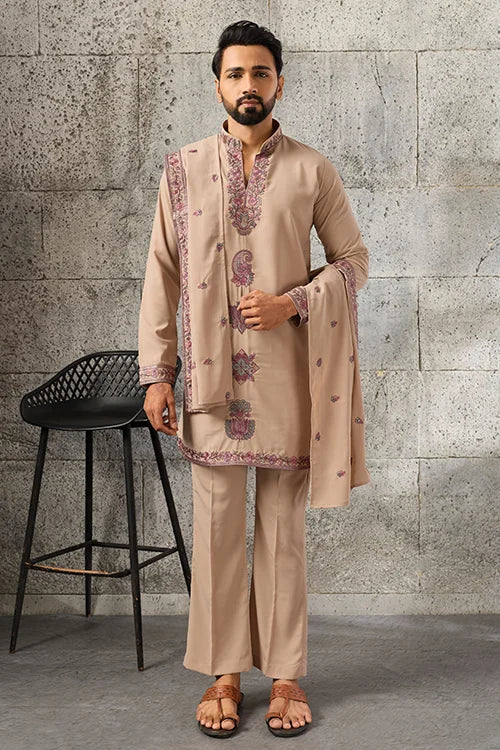Detailed Embroidery on Elegant Beige Japanese Fabric Kurta Dupatta Set