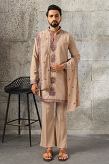 Detailed Embroidery on Elegant Beige Japanese Fabric Kurta Dupatta Set