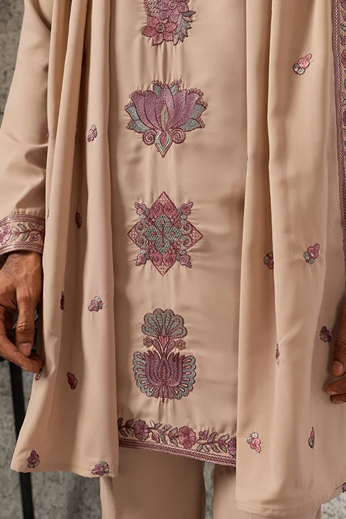 Full-Length Elegant Beige Japanese Fabric Embroidered Kurta Dupatta Set for Men