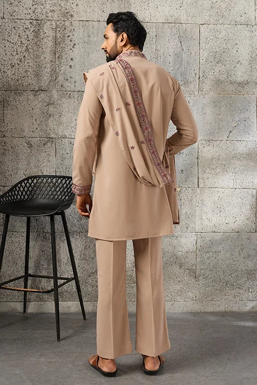 Back View of Elegant Beige Japanese Fabric Embroidered Kurta Dupatta Set for Men