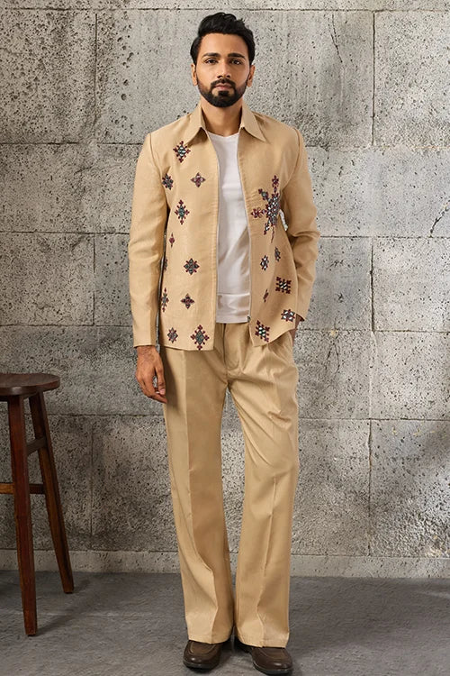 Close-Up of Mirror Work on Premium Designer Beige Men's Bomber Jacket