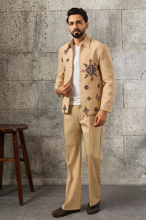 Side View of Premium Designer Beige Mirror Work Men's Bomber Jacket