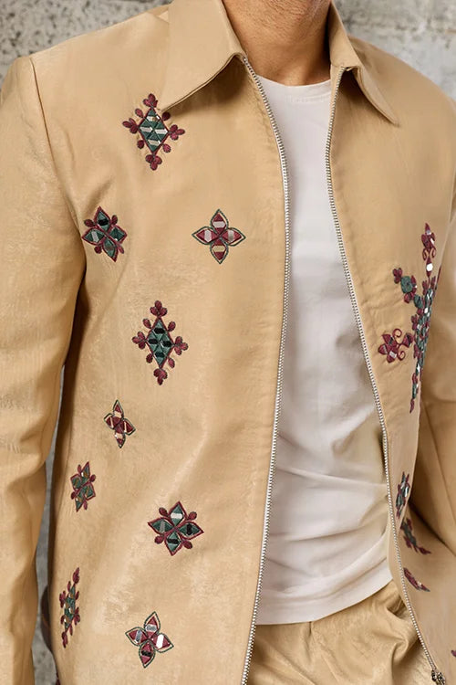 Beige Mirror Work Wedding Bomber Jacket for Men