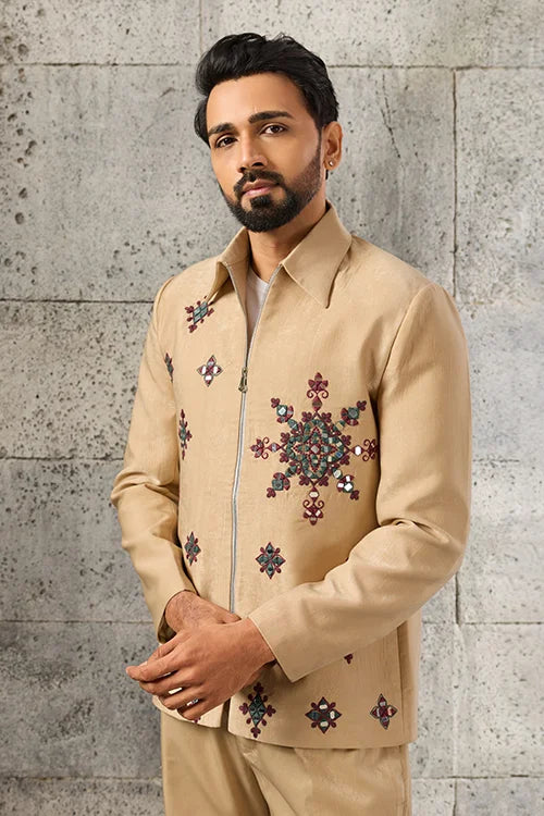 Front View of Premium Designer Beige Mirror Work Men's Bomber Jacket