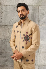 Front View of Premium Designer Beige Mirror Work Men's Bomber Jacket