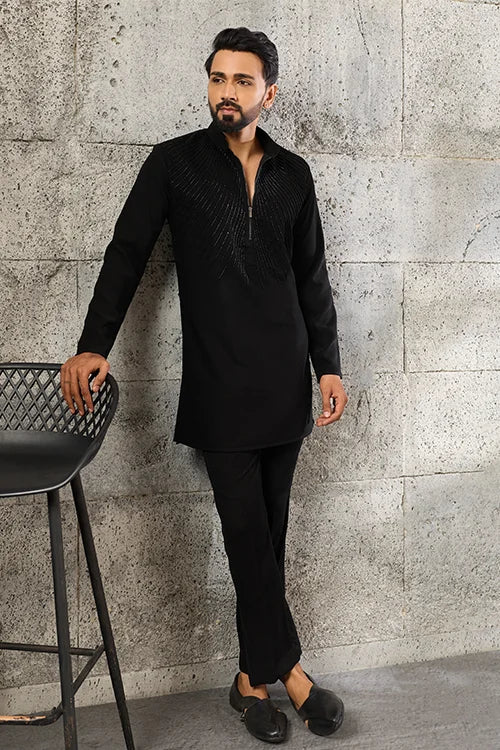 Black Beads Work Japanese Fabric Kurta Pajama Set for Men