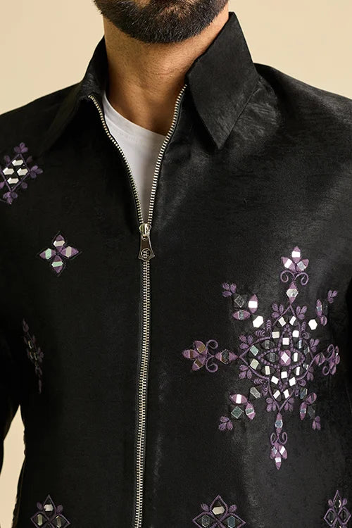 Front View of Premium Designer Black Mirror Work Men's Bomber Jacket