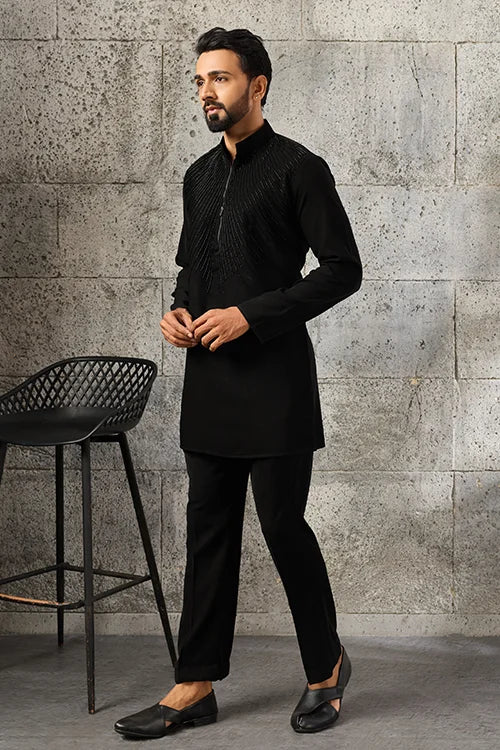 Front View of Black Beads Work Japanese Fabric Kurta Pajama Set for Men