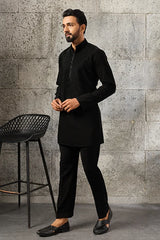 Front View of Black Beads Work Japanese Fabric Kurta Pajama Set for Men