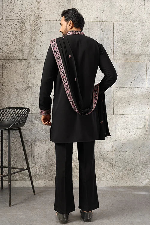 Back View of Royal Black Japanese Fabric Embroidered Kurta Dupatta Set for Men