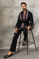 Close-Up of Embroidery on Royal Black Japanese Fabric Kurta Dupatta Set