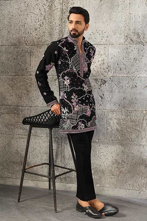 Detailed Embroidery on Luxury Black Japanese Fabric Kurta Set
