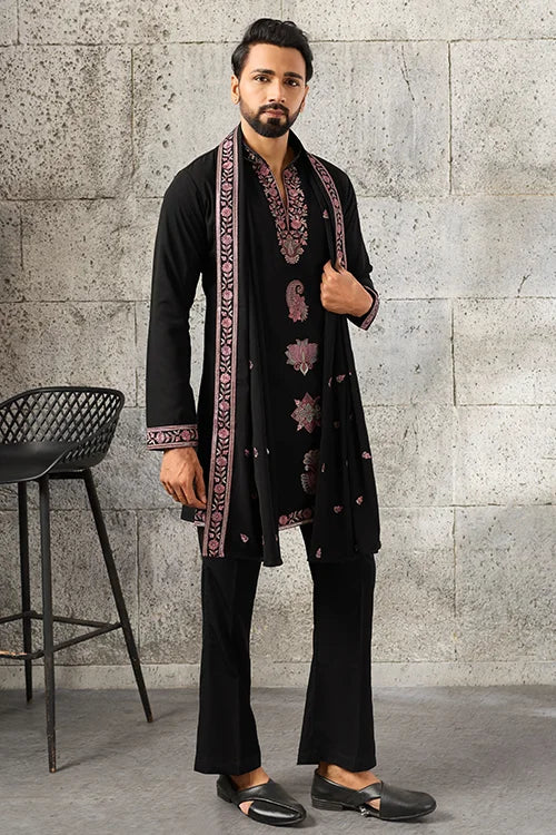 Side View of Royal Black Japanese Fabric Embroidered Kurta Dupatta Set