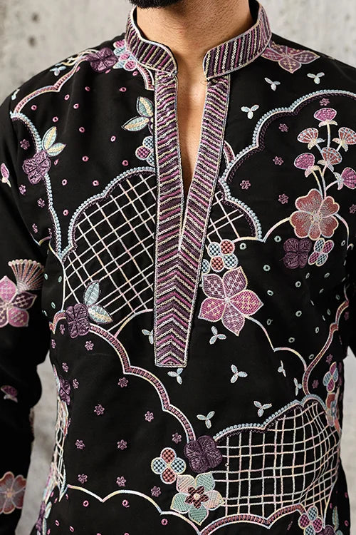 Close-Up of Embroidery on Luxury Black Japanese Fabric Kurta Set