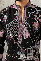 Close-Up of Embroidery on Luxury Black Japanese Fabric Kurta Set