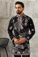 Front View of Luxury Black Japanese Fabric Embroidered Kurta Set for Men