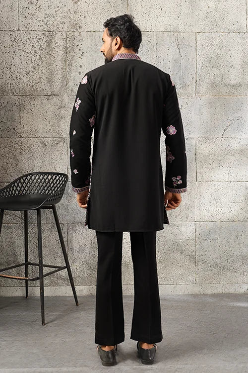 Back View of Luxury Black Japanese Fabric Embroidered Kurta Set for Men