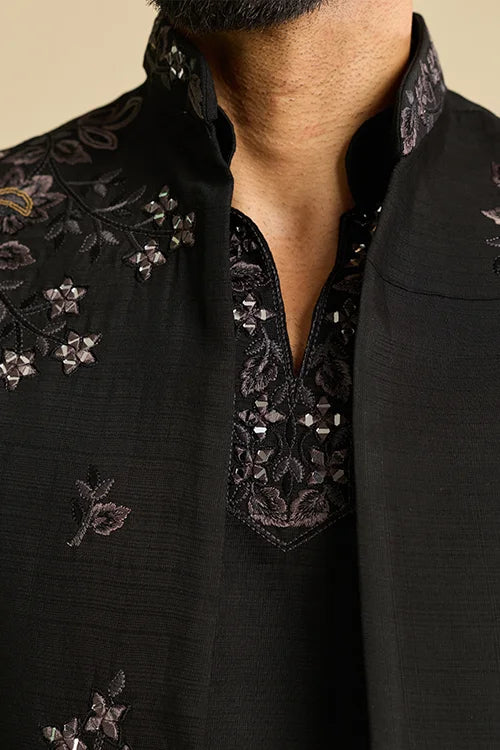 Detailed Embroidery and Mirror Work on Premium Designer Black Koti