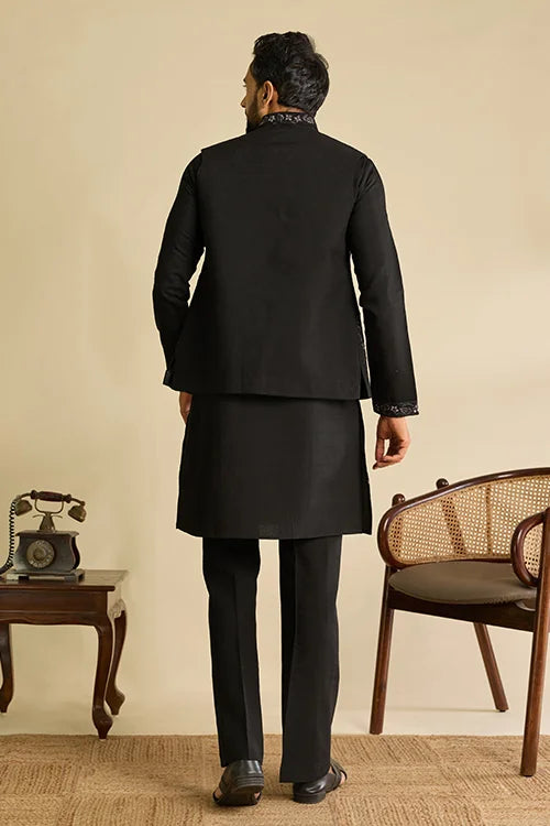 Back View of Premium Designer Black Mirror Work Koti Kurta Set for Men