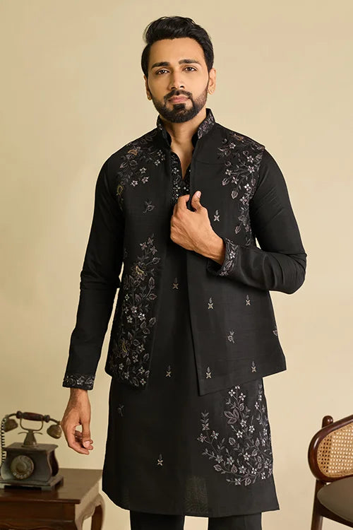 Front View of Premium Designer Black Mirror Work Koti Kurta Set for Men