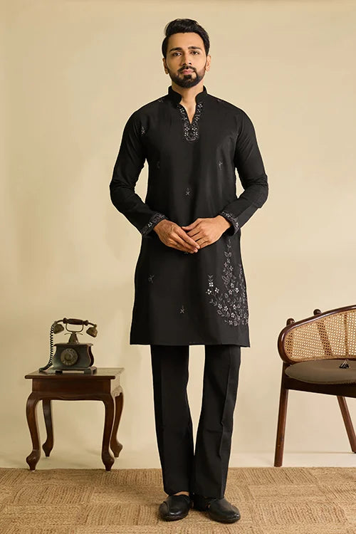 Full-Length Premium Designer Black Mirror Work Koti Kurta Set