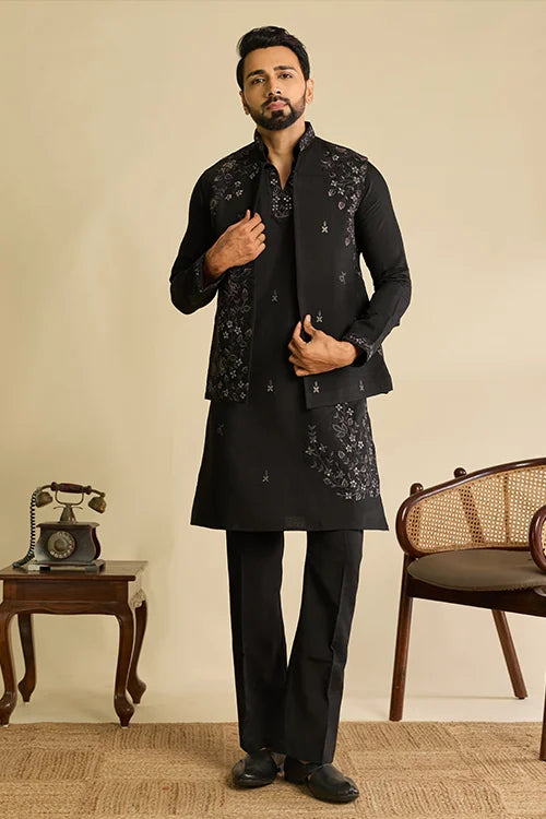 Close-Up of Mirror Work on Premium Designer Black Koti Kurta Set