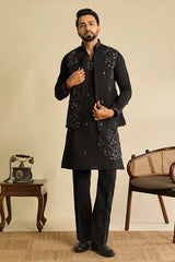 Close-Up of Mirror Work on Premium Designer Black Koti Kurta Set