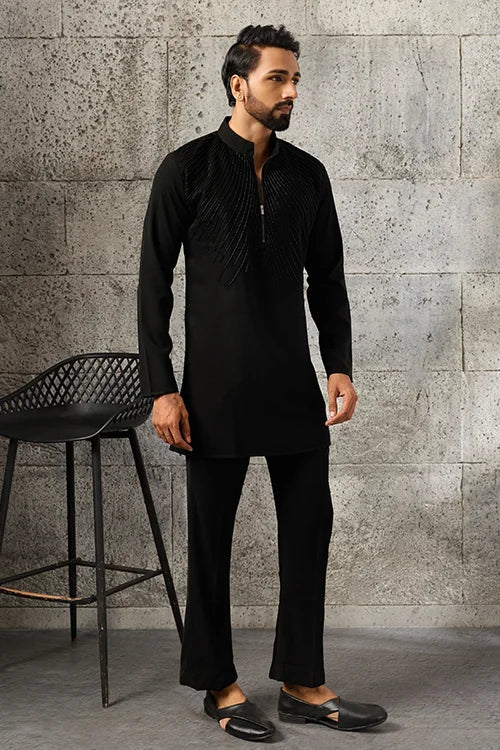 Close-Up of Black Beads Work on Japanese Fabric Kurta